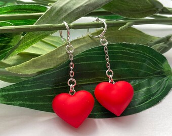 Red Heart hoop dangle Clip on earrings, heart girls dangle Earrings,  Clip on Hoop earrings, Valentine’s gifts