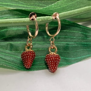 Strawberry hoop dangle Clip on earrings, girls dangle Earrings,  Clip on Hoop earrings, Strawberry Dangle Earrings