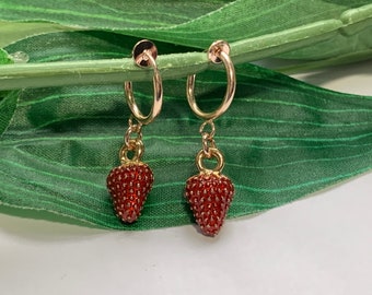 Strawberry Dangle Clip On Hoop Earrings