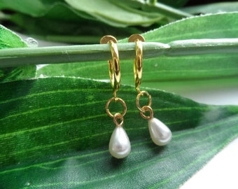 Pearl Teardrop Dangle Clip On Hoop Earrings