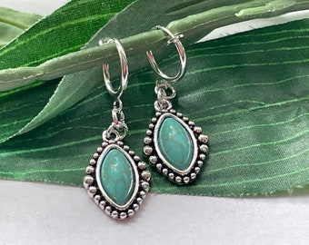 Turquoise Oval Drop Hoop dangle Clip on earrings, girls dangle Earrings,  Clip on Hoop earrings, Dangle Earrings