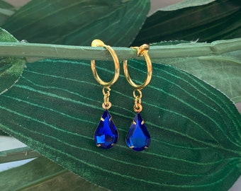 Dark blue Rhinestone hoop dangle Clip on earrings, girls dangle Earrings,  blue Clip on Hoop earrings, Rhinestone Dangle Earrings