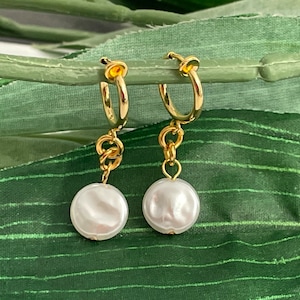 Pearl hoop dangle Clip on earrings, girls dangle Earrings,  Clip on Hoop earrings, Pearl Dangle Earrings