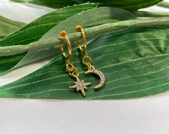 Moon & Star Dangle Clip On Hoop Earrings
