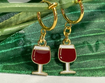 Wine Glass hoop dangle Clip on earrings, girls dangle Earrings,  Clip on Hoop earrings, Novelty Dangle Earrings