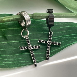 Black Rhinestone Gothic Cross Cuff Clip on dangle earring, boys cross dangle Earring,  Cuff Clip earrings for boys or girls, Cross Earring