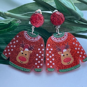 Christmas Jumper Clip on earrings, girls dangle Earrings,  Clip on  earrings, retro clip on, Christmas earrings