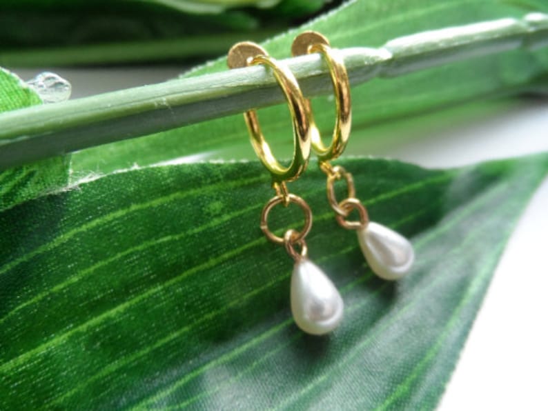 Pearl hoop dangle Clip on earrings, girls dangle Earrings, Clip on Hoop earrings, Pearl Dangle Earrings image 3