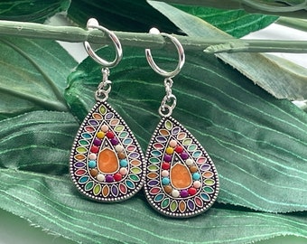 Bohemian Teardrop Clip On Earrings: Silver Tone Dangle Hoops