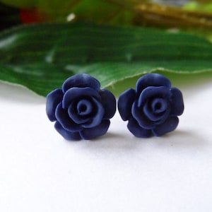 Navy Blue Flower Earrings, Girls Earrings, Stud Earrings, Fashion Accessories, Flower Stud Earrings, Blue flower earrings