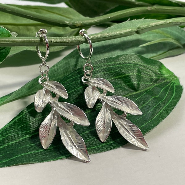 Large Leaf Hoop dangle Clip on earrings, girls dangle Earrings,  Clip on Hoop earrings, Dangle Earrings