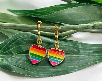 Rainbow Heart hoop dangle Clip on earrings, girls dangle Earrings,  Clip on Hoop earrings, Heart Dangle Earrings