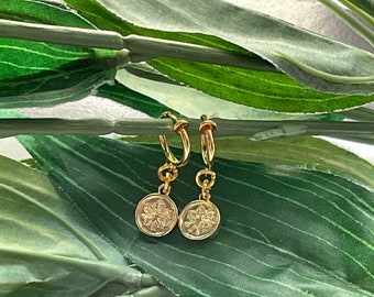 Small Coin Leaf Hoop dangle Clip on earrings, girls dangle Earrings,  Clip on Hoop earrings, Dangle Earrings