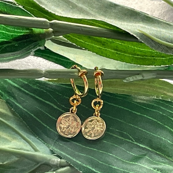 Small Coin Leaf Hoop dangle Clip on earrings, girls dangle Earrings,  Clip on Hoop earrings, Dangle Earrings