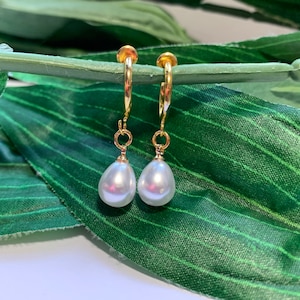 White Pearl Teardrop hoop dangle Clip on earrings, girls dangle Earrings,  Clip on Hoop earrings, Pearl Dangle Earrings