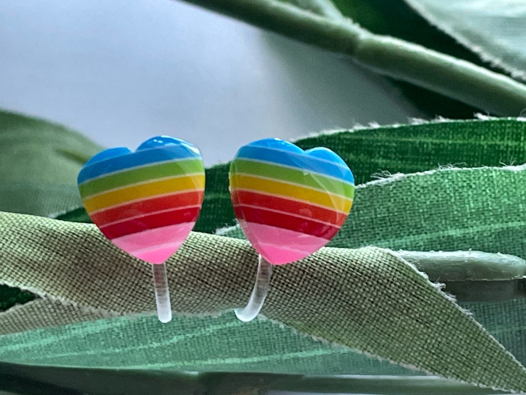 Rainbow Heart Clip on Earrings, Girls Clip on Earrings, Clip on Rainbow