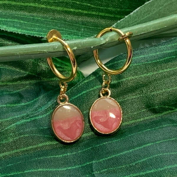 Pink Oval hoop dangle Clip on earrings, girls dangle Earrings,  Clip on Hoop earrings,  Dangle Earrings