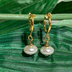Pearl hoop dangle Clip on earrings, girls dangle Earrings,  Clip on Hoop earrings, Pearl Dangle Earrings