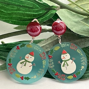 Christmas Snowman Clip on earrings, girls dangle Earrings,  Clip on  earrings, retro clip on, Christmas earrings