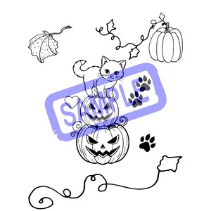 May include: Black and white Halloween-themed illustration featuring a cat perched atop two carved pumpkins. The design includes paw prints, a pumpkin, and decorative vines. The word "SAMPLE" is visible in a blue rectangle.