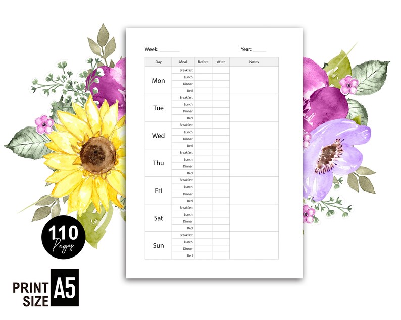 May include: A printable weekly meal planner with a floral design featuring sunflowers, purple and lavender flowers. The planner has sections for each day of the week, meal type, before and after notes, and a space for the year.