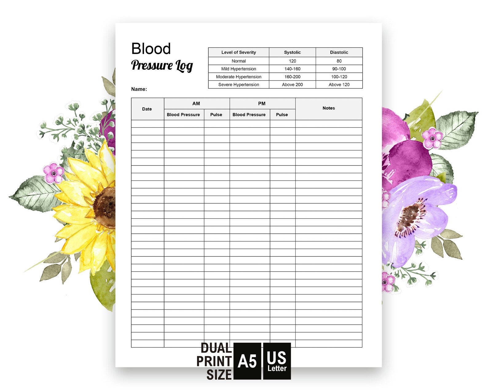 Blood Pressure Log Book Printable A5 &amp; Letter Size - Etsy