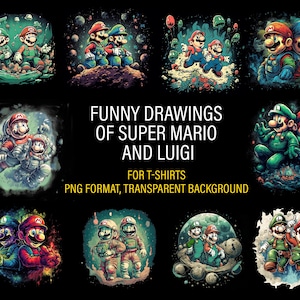 Lustige Zeichnungen von Super Mario und Luigi | Für T-Shirts PNG-Format, transparenter Hintergrund | Kommerzielle Nutzung