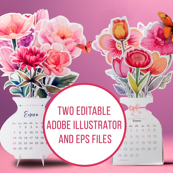 2024 Calendar | beautiful die cut flower vase | Two editable Adobe illustrator and EPS files | Commercial use