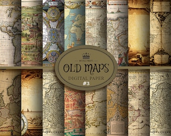 May include: A digital paper pack featuring 12 vintage world maps in various styles. The maps are in shades of brown, beige, and cream with some blue and green accents. The text "WORLD MAPS... OLD MAPS DIGITAL PAPER #3" is displayed in a gold banner.