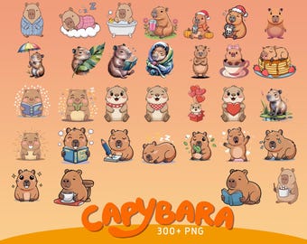 Cute Capybara Clipart Bundle | Kawaii PNG Illustrations (Digital Download)