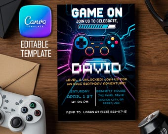 May include: A blue and purple video game themed birthday party invitation with a pixelated game controller and the text "GAME ON" and "DAVID". The invitation includes the date, time, and location of the party.