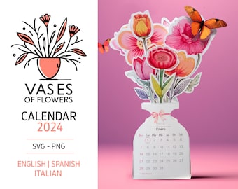 2024 Calendar | beautiful die cut flower vase | png and svg format | English, Spanish and Italian | Commercial use