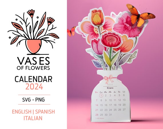 2024 Calendar Beautiful Die Cut Flower Vase Png and Svg Format English,  Spanish and Italian Commercial Use - Etsy