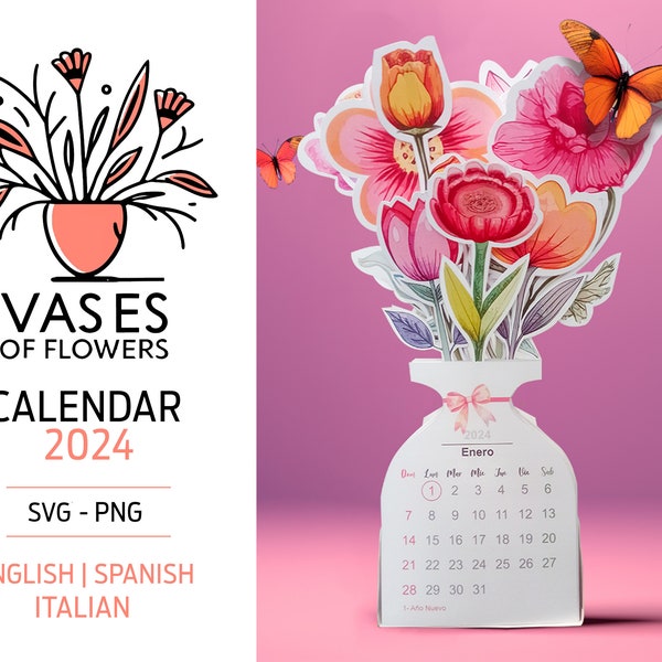 2024 Calendar | beautiful die cut flower vase | png and svg format | English, Spanish and Italian | Commercial use