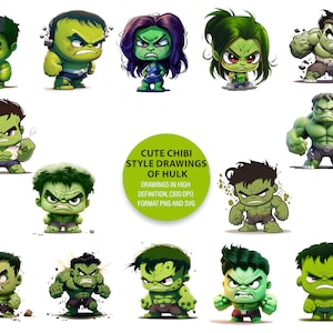 Cute chibi style Hulk drawings | For Printable Stickers, t shirt, etc. | PNG and SVG format | For commercial use