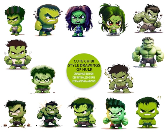 Lindos dibujos de Hulk estilo chibi Para pegatinas, camiseta, etc. formato  PNG y SVG Para uso comercial - Etsy México
