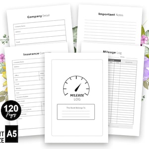 Puede incluir: Un libro de registro de kilometraje en blanco y negro con un gráfico de velocímetro y el texto "Mileage Log" y "This Book Belongs To".