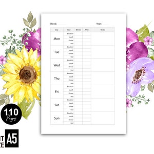May include: A printable weekly meal planner with a floral design featuring sunflowers, purple and lavender flowers. The planner has sections for each day of the week, meal type, before and after notes, and a space for the year.
