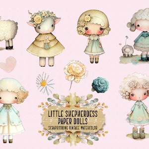 Little Shepherdess Paper Dolls | scrapbooking vintage watercolor | PNG format | for commercial use