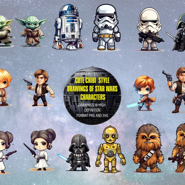 Cute chibi style star wars characters | For Printable Stickers, t shirt, etc. | PNG and SVG format | For commercial use