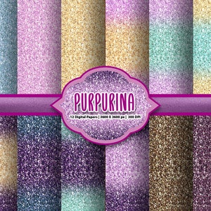 May include: Twelve digital papers featuring a glitter texture in a range of colours, including blue, purple, pink, gold, and brown. The papers are 3600 x 3600 pixels and 300 DPI. The text "PURPURINA 12 Digital Papers | 3600 x 3600 px | 300 DPI" is displayed on a pink banner.