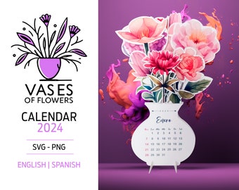 Calendrier 2024 | beau vase à fleurs découpé | png et svg | anglais et espagnol | Utilisation commerciale
