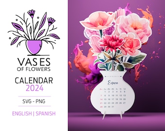 Calendrier 2024 | beau vase à fleurs découpé | png et svg | anglais et espagnol | Utilisation commerciale