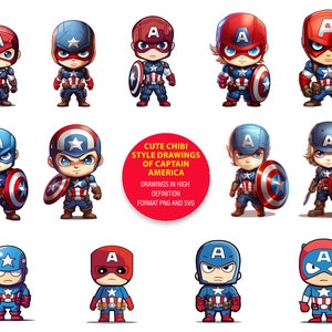 Simpatico Capitan America in stile chibi / Per adesivi stampabili, maglietta, ecc. / Formato PNG e SVG / Per uso commerciale