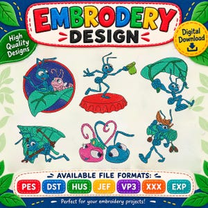 Può includere: Un set di ricami digitali con sei illustrazioni di formiche. Il testo in alto recita EMBROIDERY DESIGN e in basso sono elencati i formati di file PES, DST, HUS, JEF, VP3, XXX ed EXP. Le formiche sono blu e rosa con vari accessori.