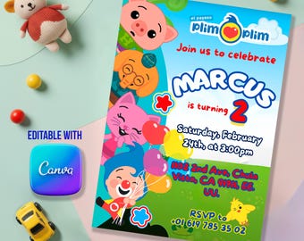 Plim Plim Birthday Invitation, Editable Canva Template, Kids Party
