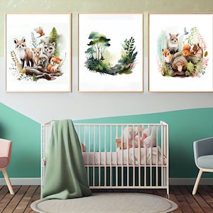 Pintura al agua de lindos animales del bosque bebé en un bosque encantado