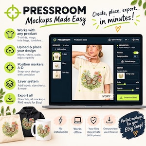Może przedstawiać: Cyfrowy interfejs oprogramowania o nazwie PRESSROOM Mockups Made Easy wyświetlany na ekranie laptopa, pokazujący narzędzie do projektowania koszulek z grafiką motyla i kwiatów. Poniżej znajduje się torba, czarna bluza z kapturem i biały kubek z tym samym wzorem.