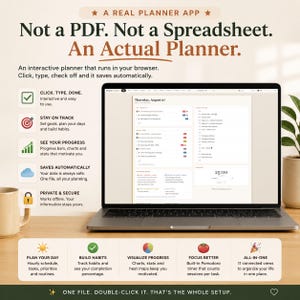 Op de afbeelding: Een laptop met een interactieve digitale planner-interface met een dagschema, takenlijsten en een Pomodoro-timer. Het scherm toont tekst waaronder A REAL PLANNER APP, Not a PDF. Not a Spreadsheet. An Actual Planner, en diverse iconen.