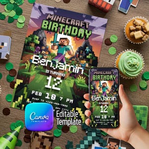 Invitación de Cumpleaños Minecraft Editable en Canva - Diseño Personalizable y Descargable Instantánea para Fiesta Infantil